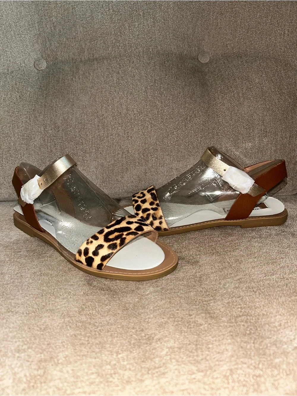 Steve Madden Leopard Print and Metallic Gold Flat Sandals
